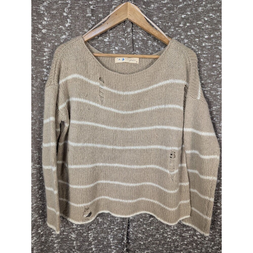 Her Entire Name Says Grace Women's Distressed‎ Knit Beige Striped Sweater Medium
